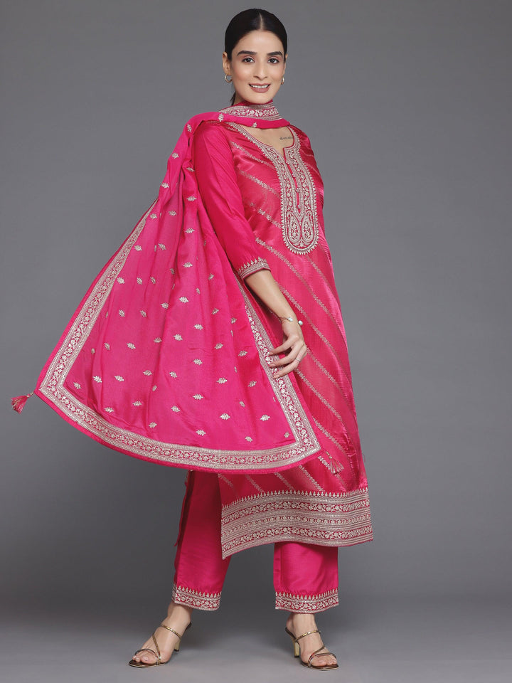 Pink Self Design Silk Blend Straight Suit With Dupatta - Libas