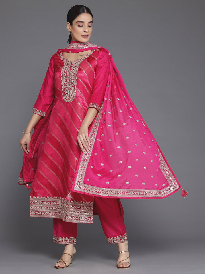 Pink Self Design Silk Blend Straight Suit With Dupatta - Libas