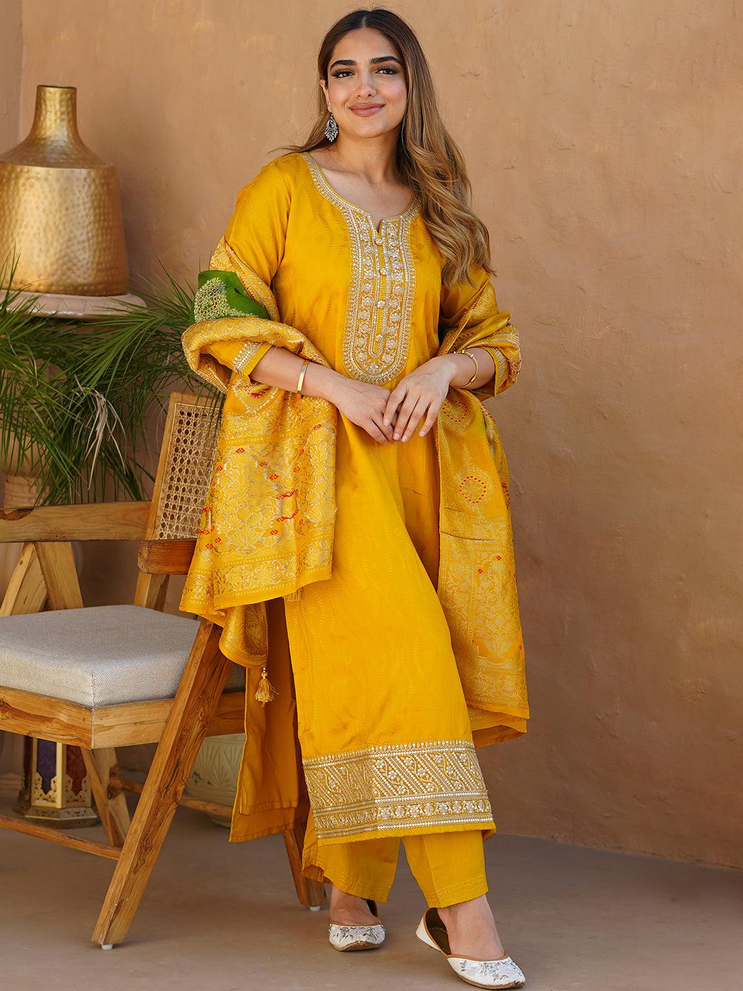 Mustard Woven Design Silk Blend Straight Suit With Dupatta - Libas 