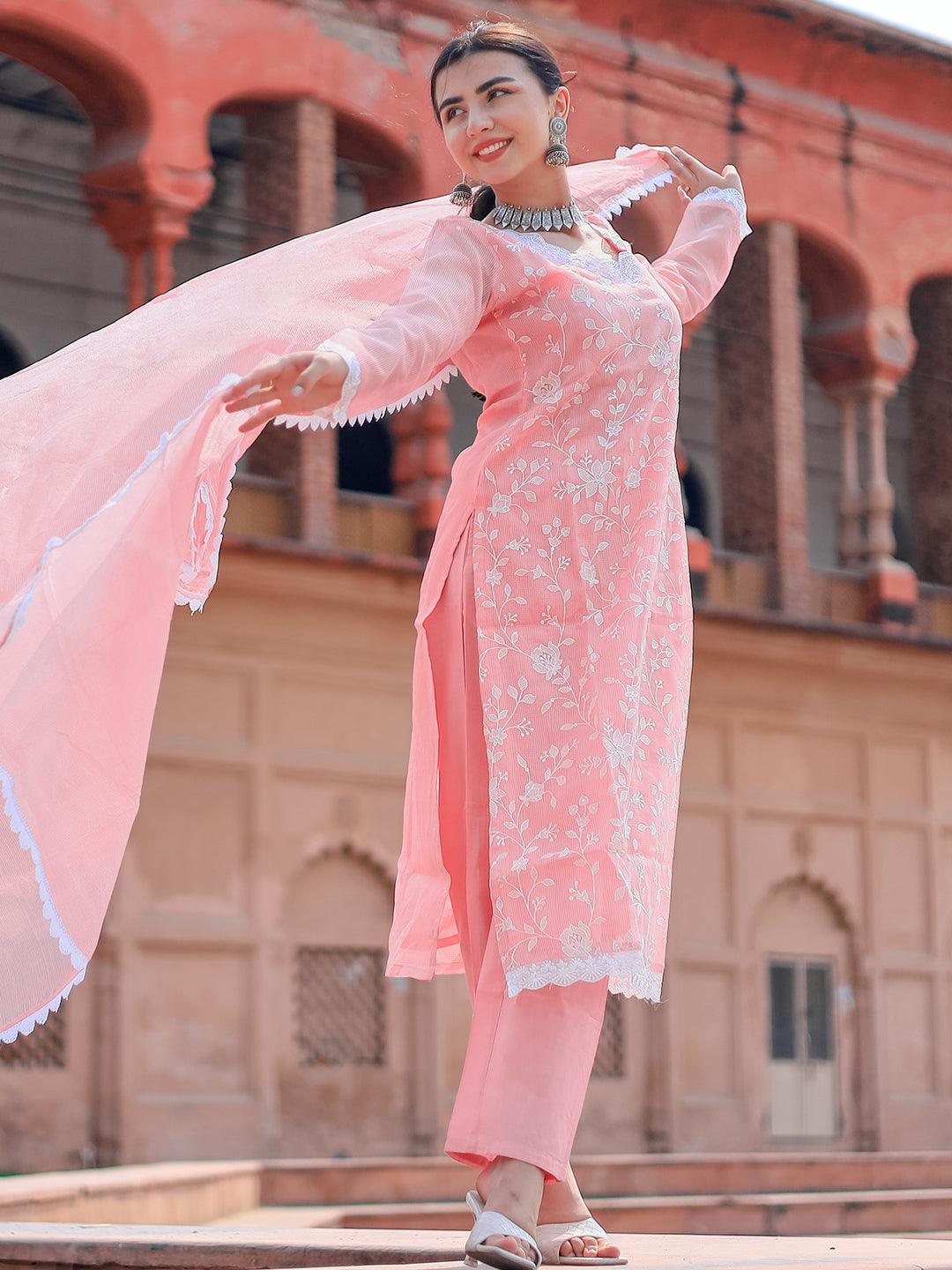 Pink Embroidered Cotton Pakistani Suit - Libas 