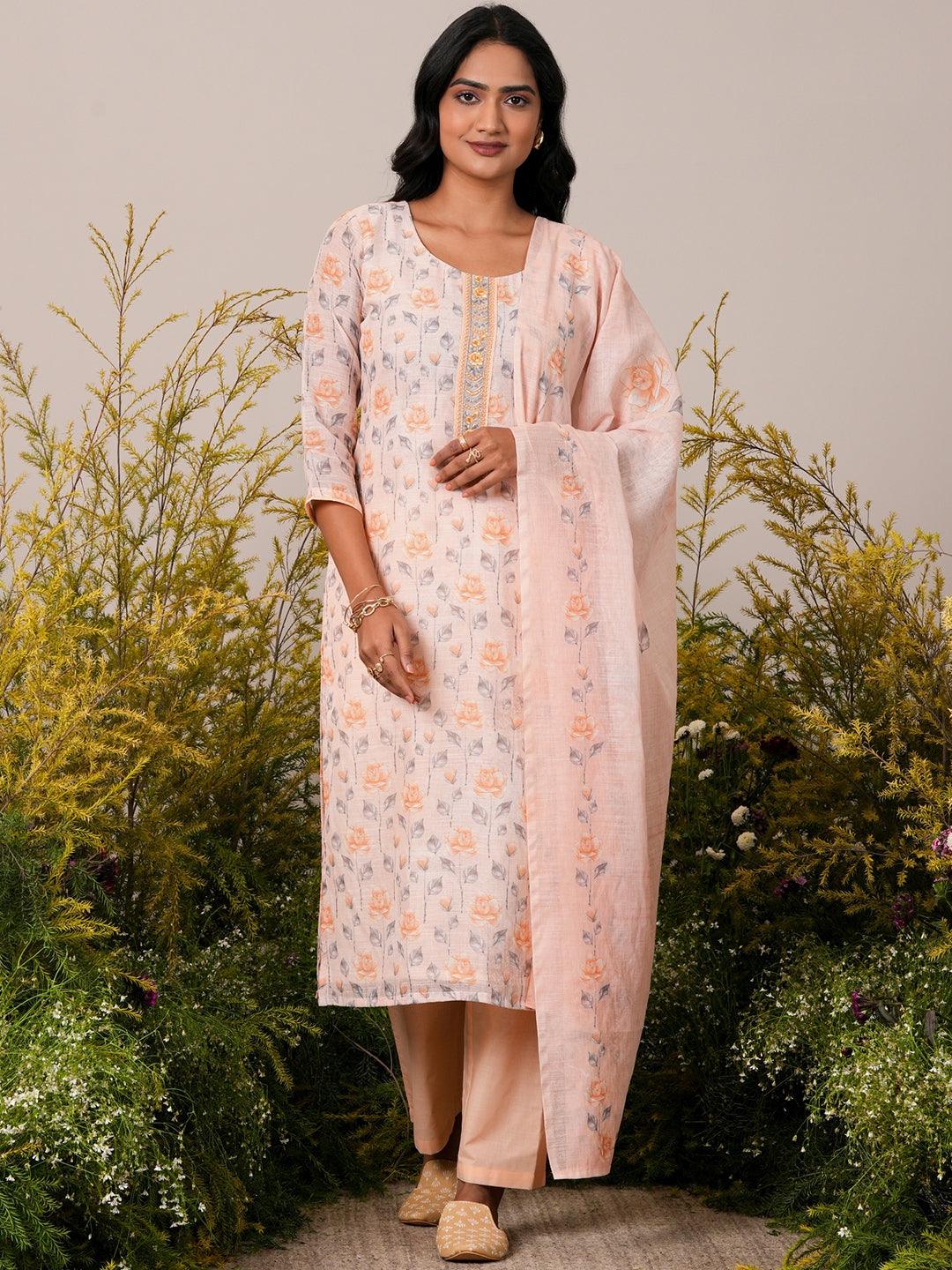 Peach Printed Linen Straight Suit With Dupatta - Libas