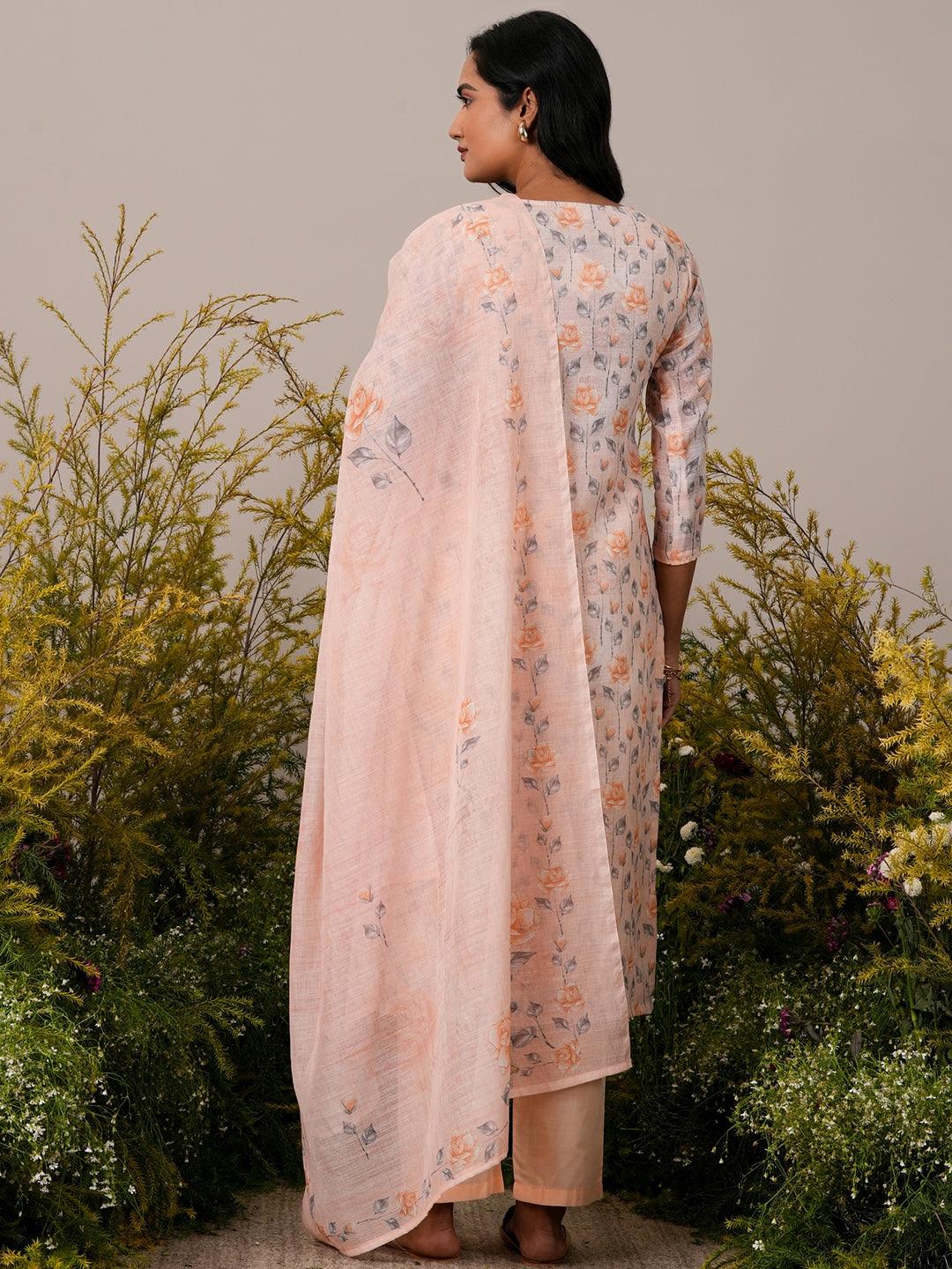 Peach Printed Linen Straight Suit With Dupatta - Libas