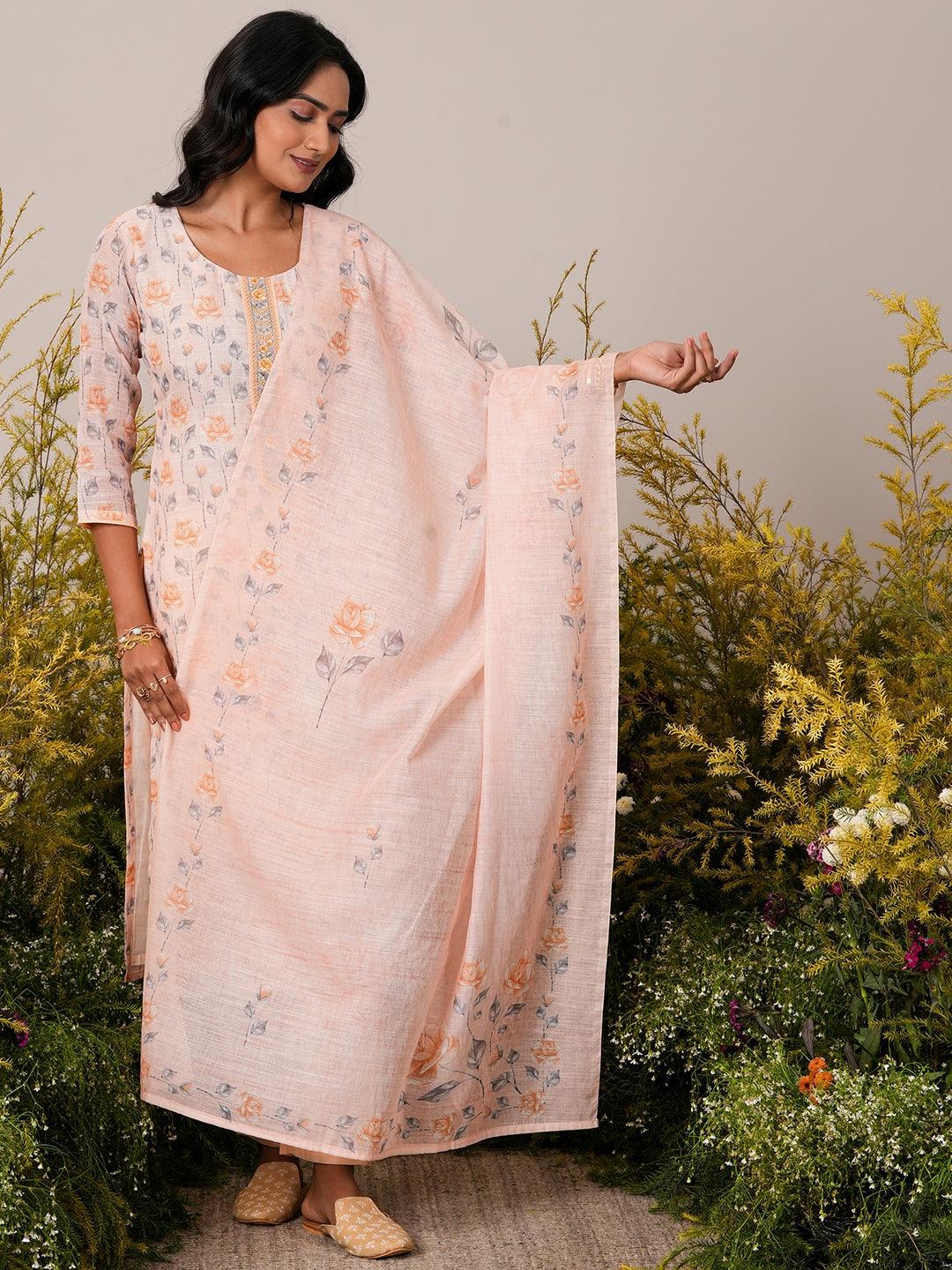 Peach Printed Linen Straight Suit With Dupatta - Libas