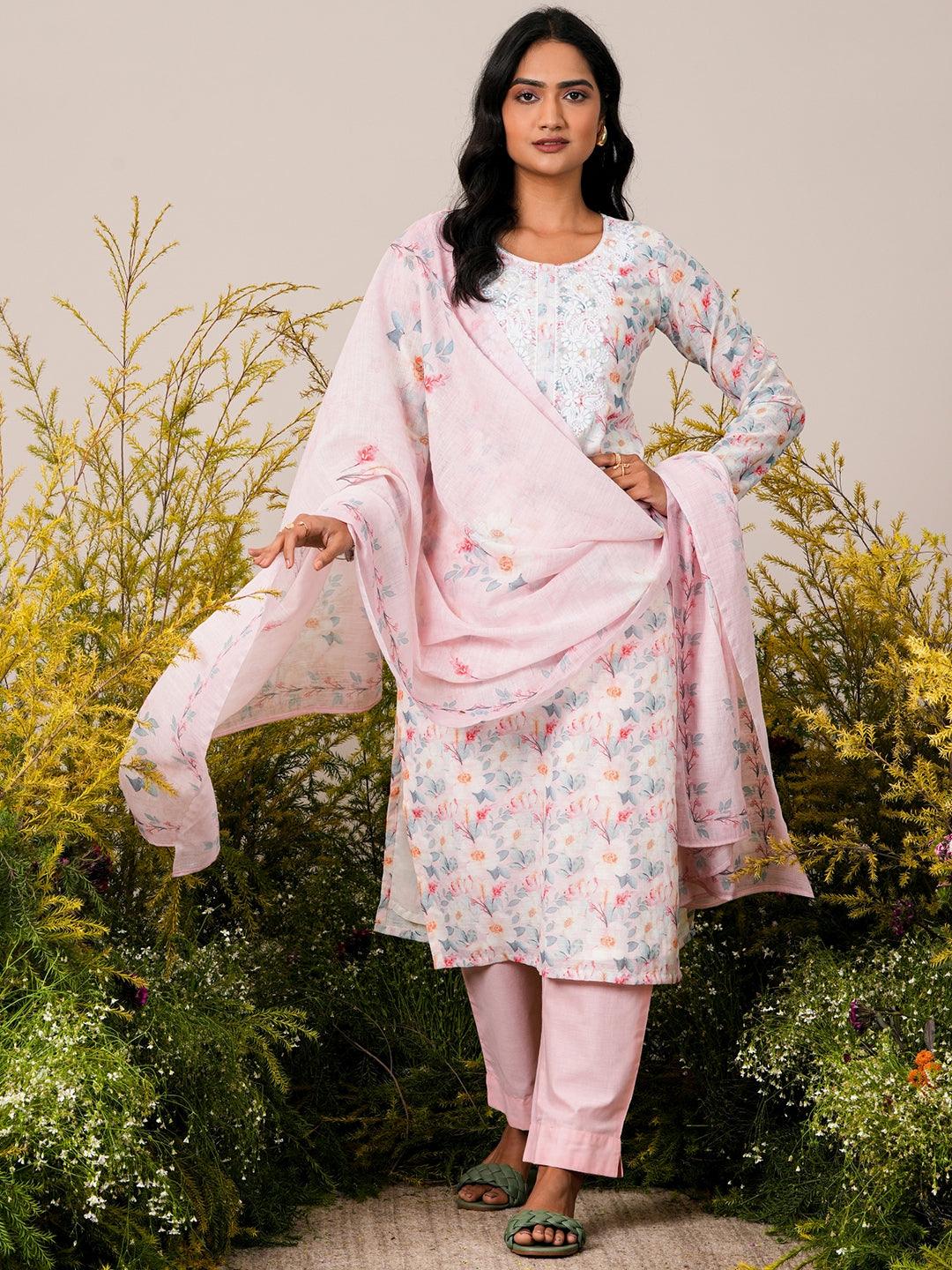 Pink Printed Linen Straight Suit With Dupatta - Libas 