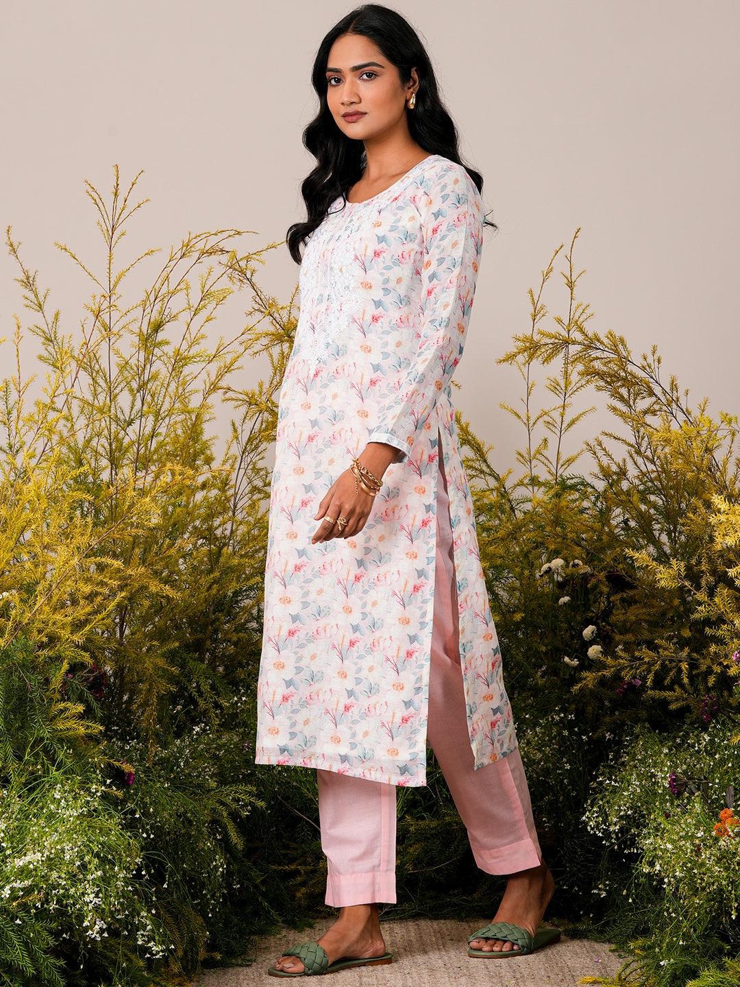 Pink Printed Linen Straight Suit With Dupatta - Libas 