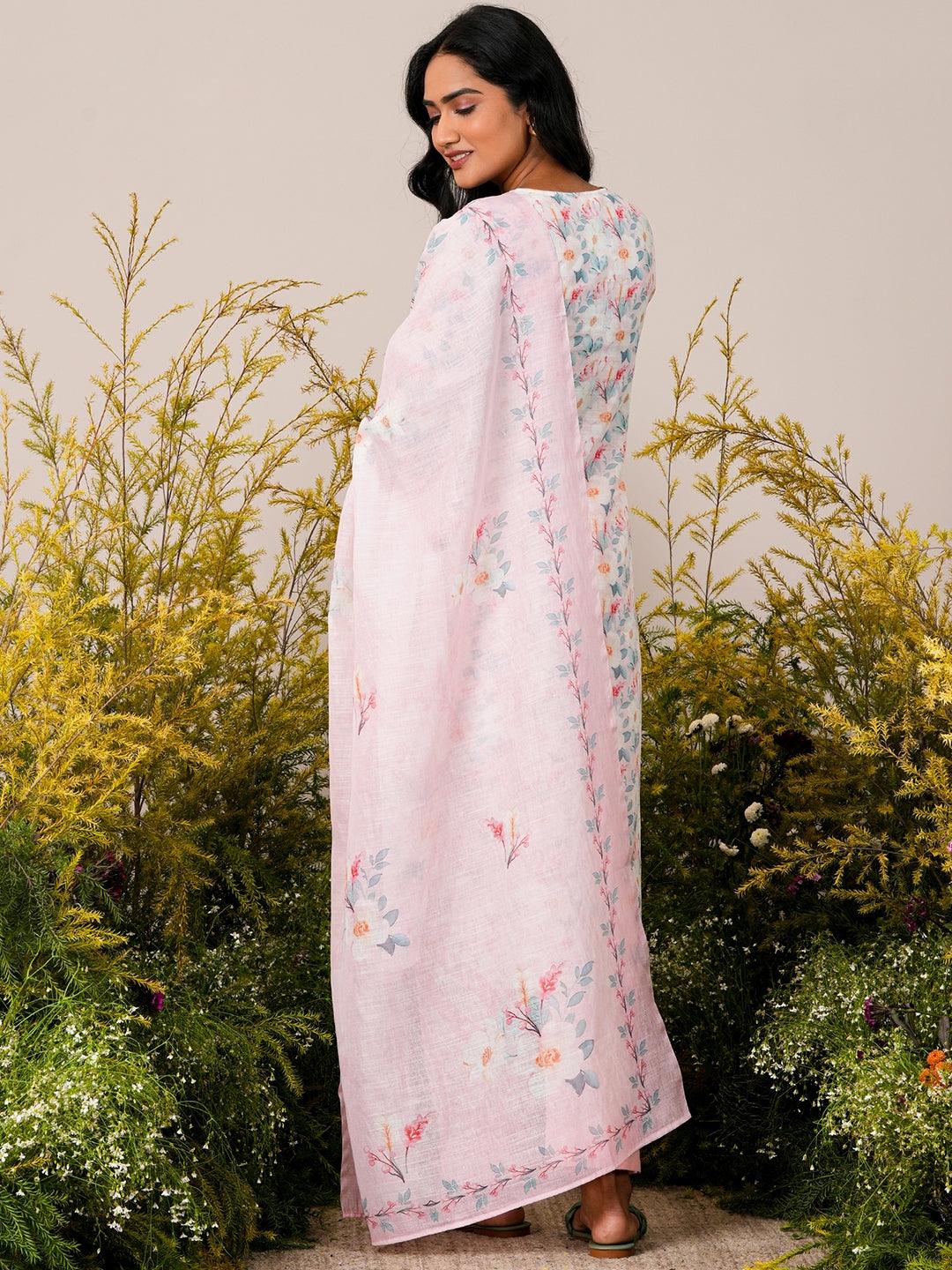 Pink Printed Linen Straight Suit With Dupatta - Libas 