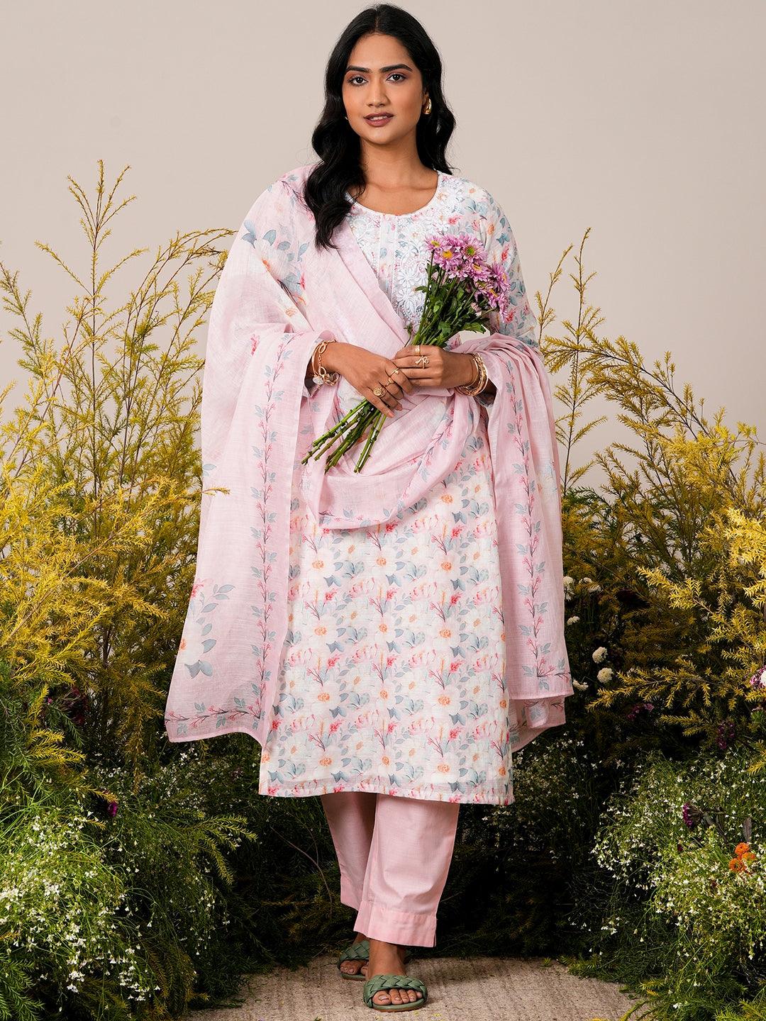 Pink Printed Linen Straight Suit With Dupatta - Libas 