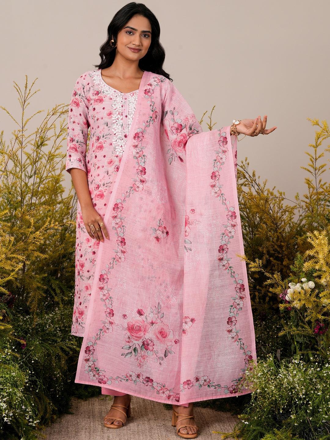 Pink Printed Linen Straight Suit With Dupatta - Libas 