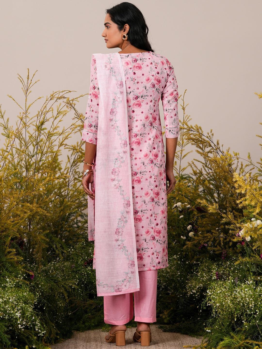 Pink Printed Linen Straight Suit With Dupatta - Libas 