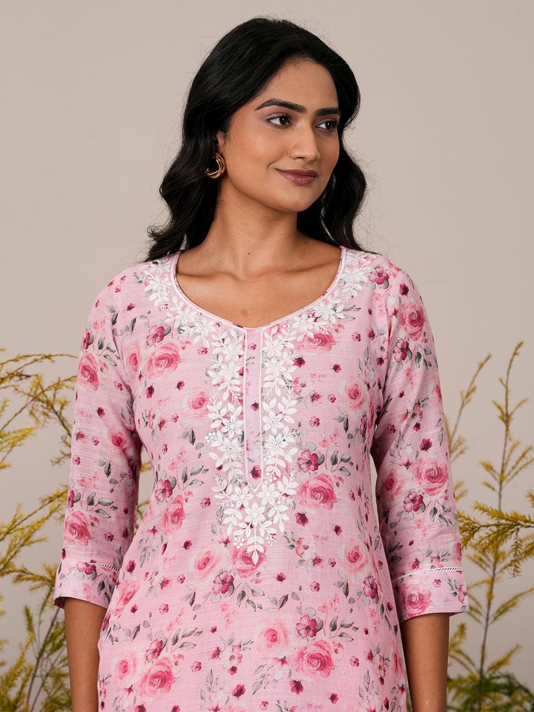 Pink Printed Linen Straight Suit With Dupatta - Libas 