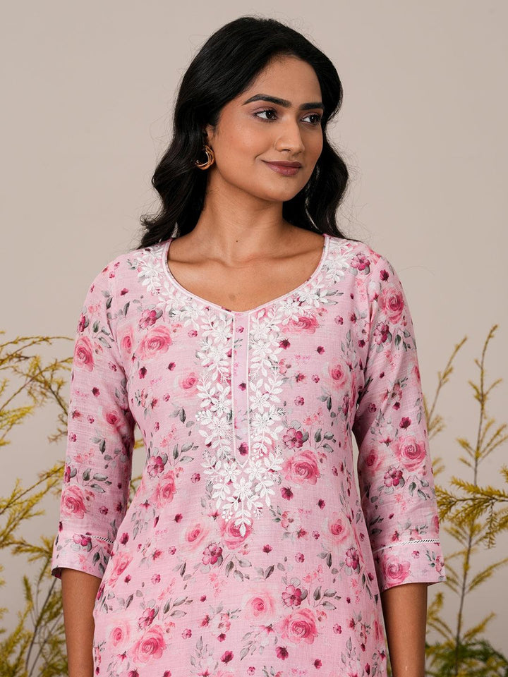 Pink Printed Linen Straight Suit With Dupatta - Libas