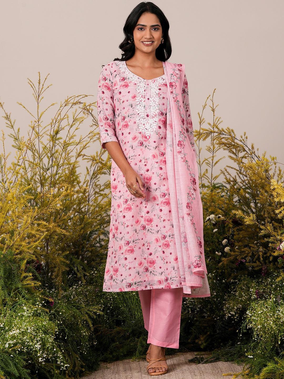 Pink Printed Linen Straight Suit With Dupatta - Libas 