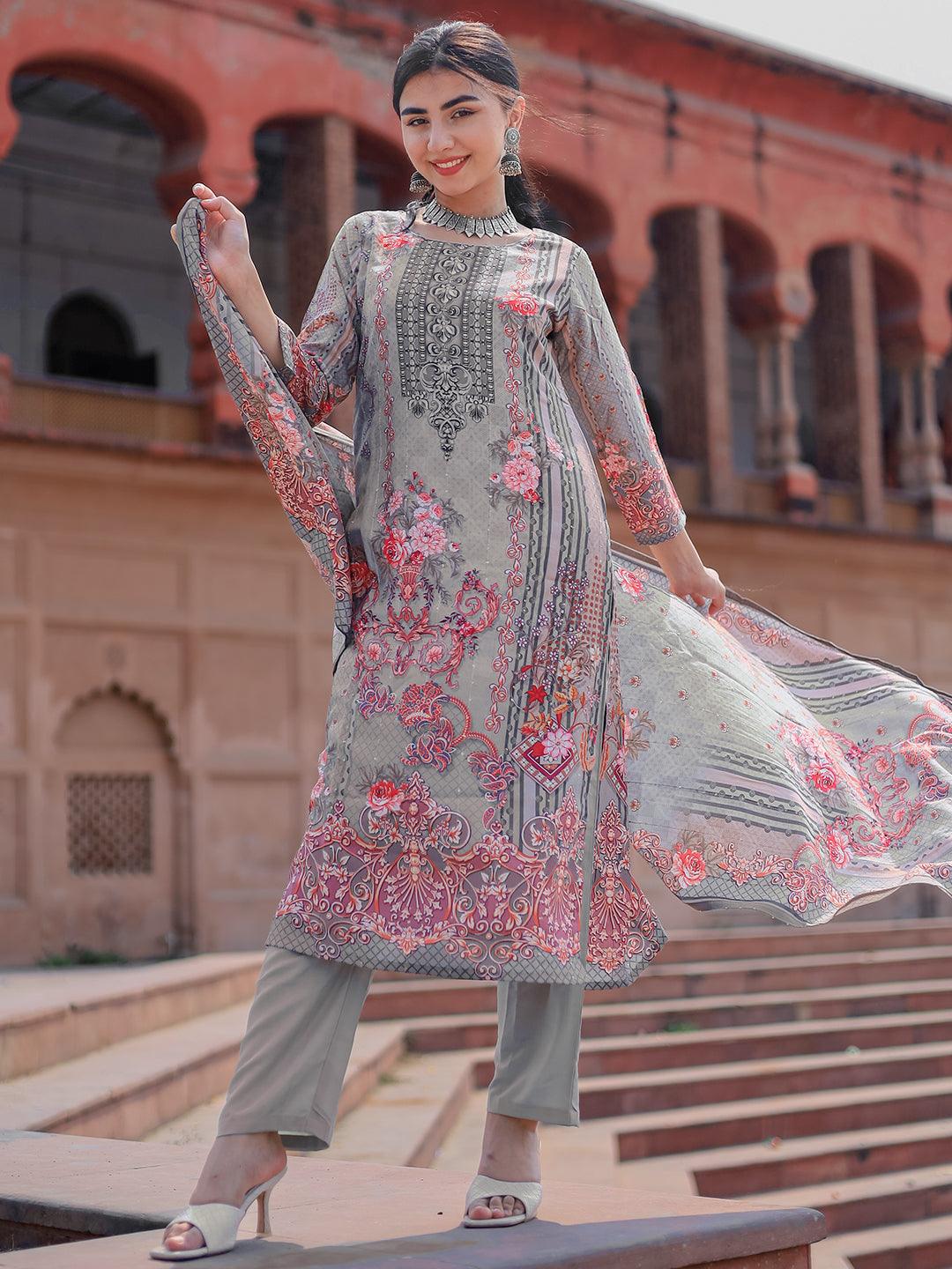 Grey Printed Silk Blend Pakistani Suit - Libas 