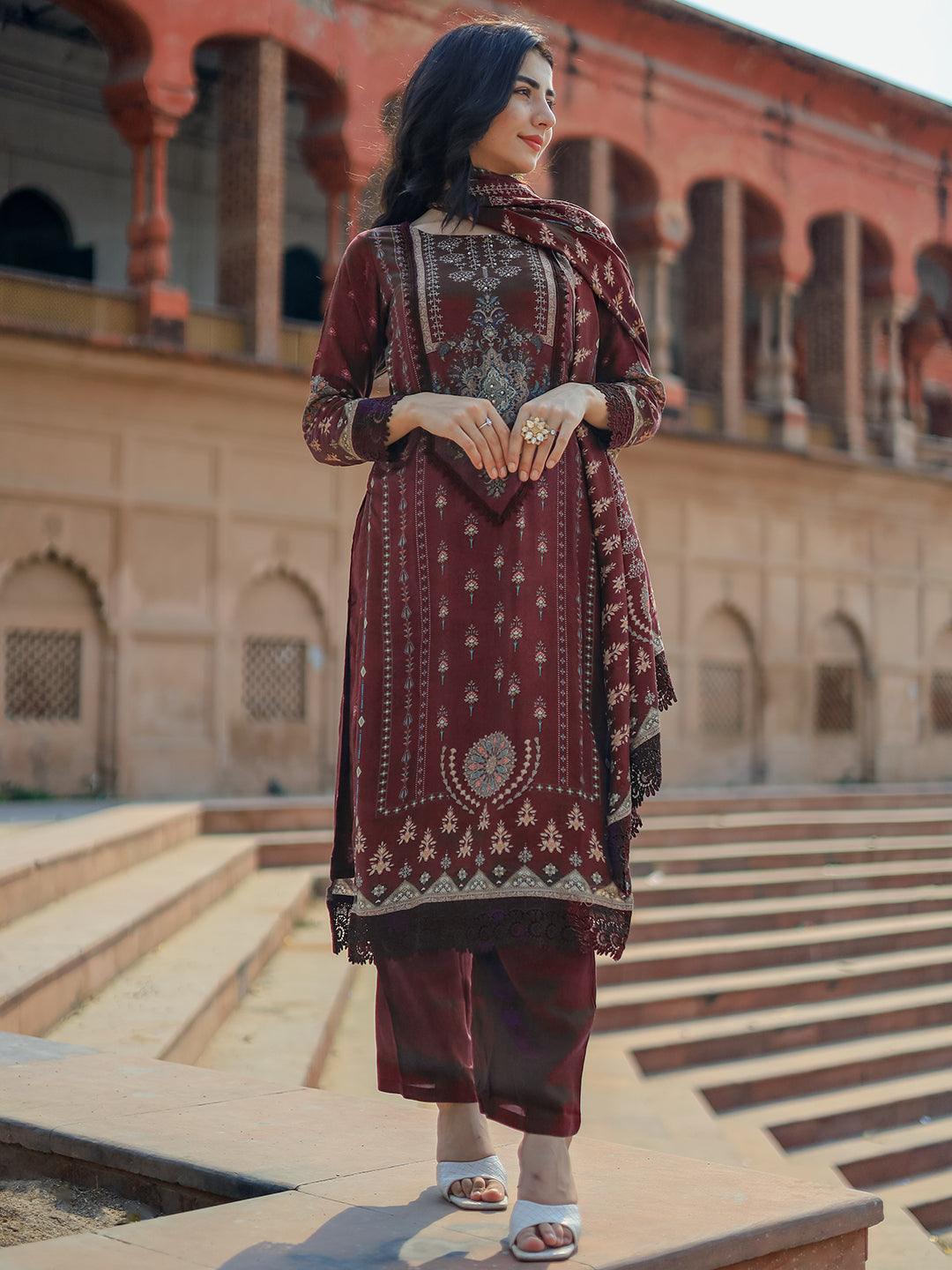 Wine Printed Silk Blend Pakistani Suit - Libas