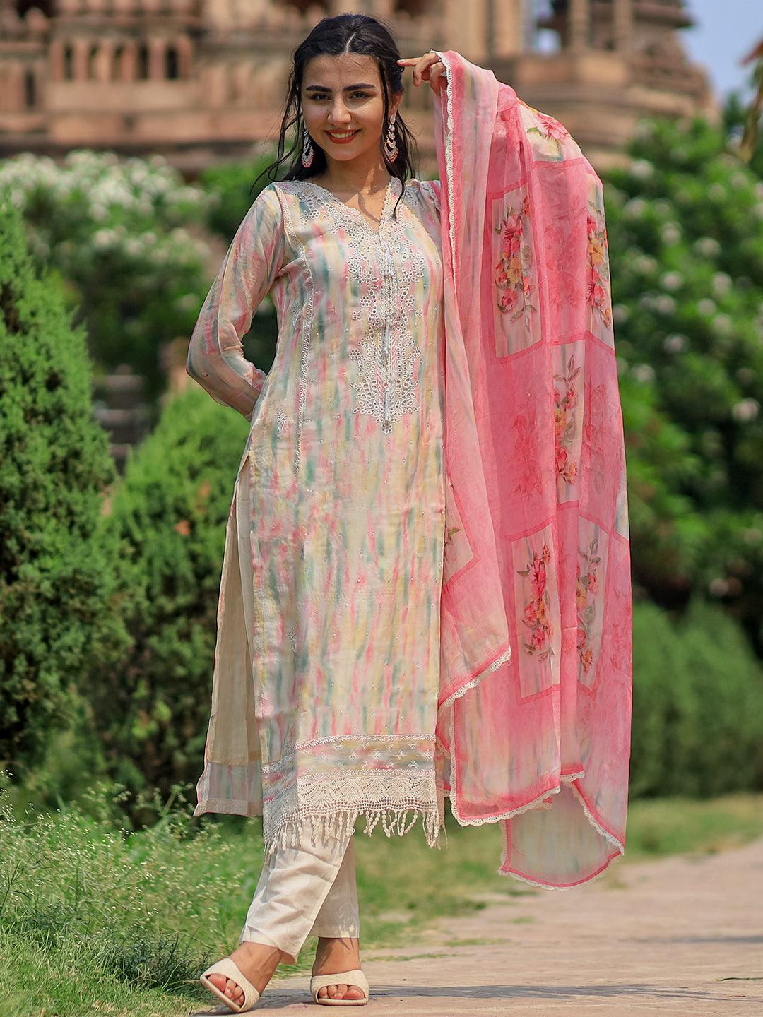 Beige Embroidered Organza Pakistani Suit - Libas 