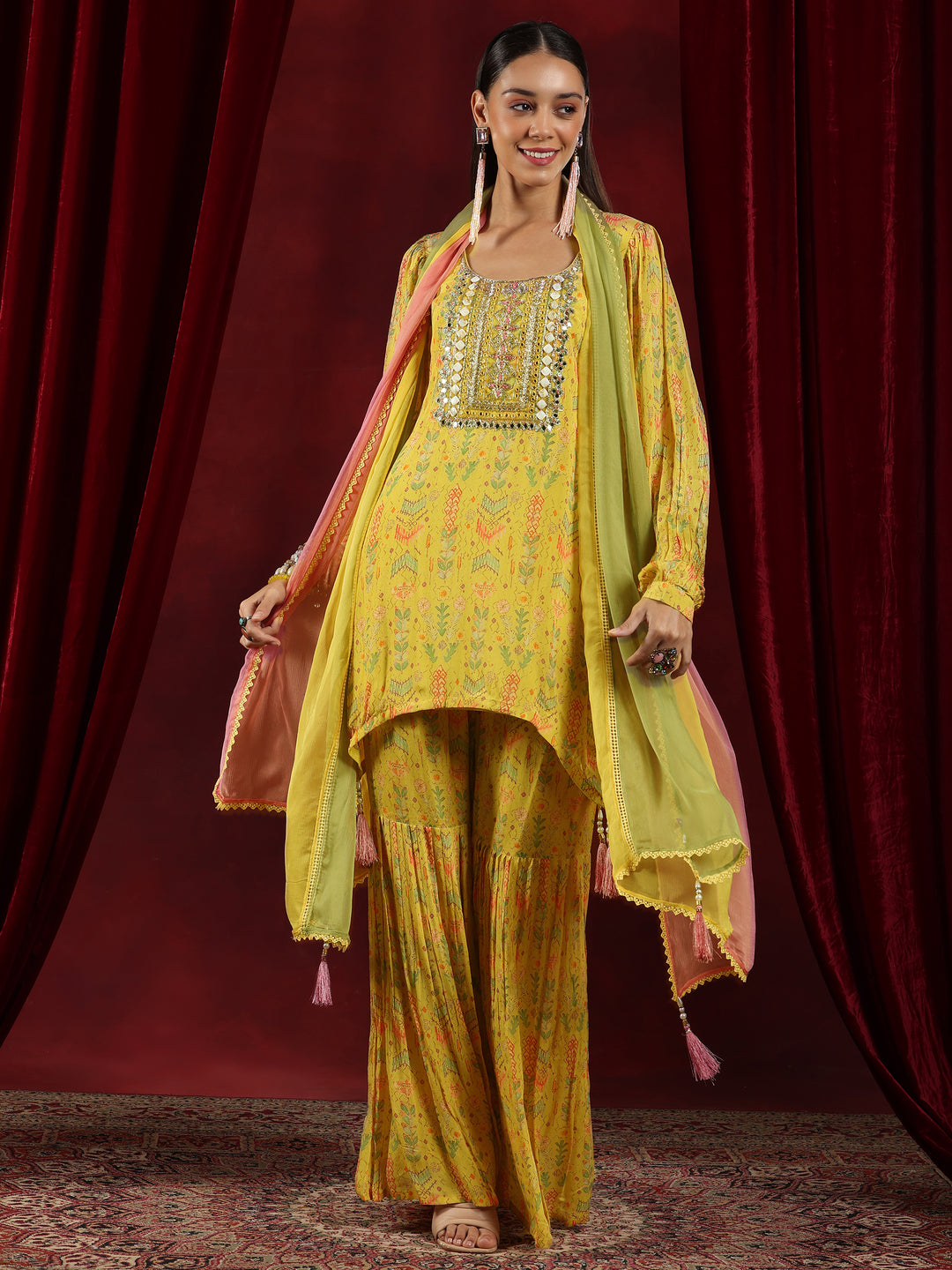  Libas Art Yellow Printed Silk Blend Straight Suit With Dupatta 