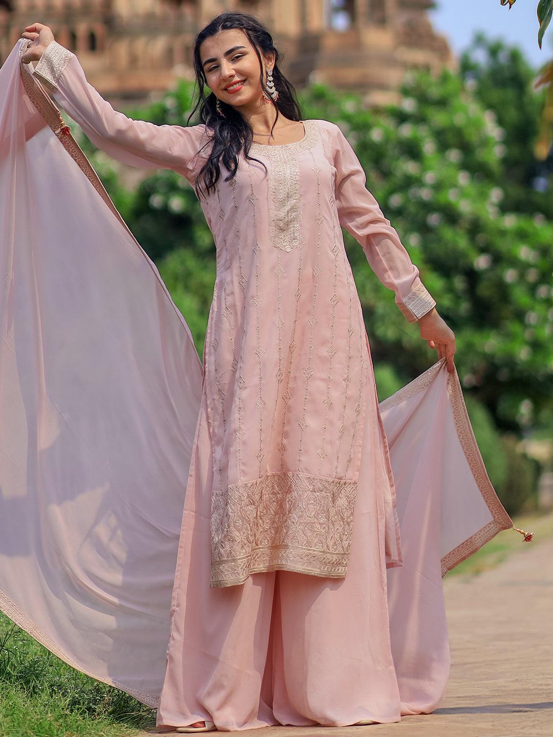 Peach Embroidered Georgette Pakistani Suit - Libas 