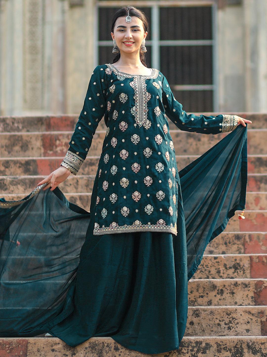 Libas Art Blue Embroidered Silk Blend Pakistani Suit - Libas