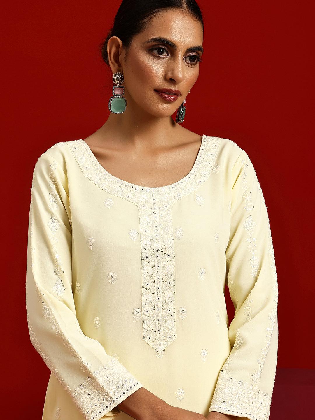 Libas Art Yellow Embroidered Georgette Straight Suit With Dupatta - Libas 