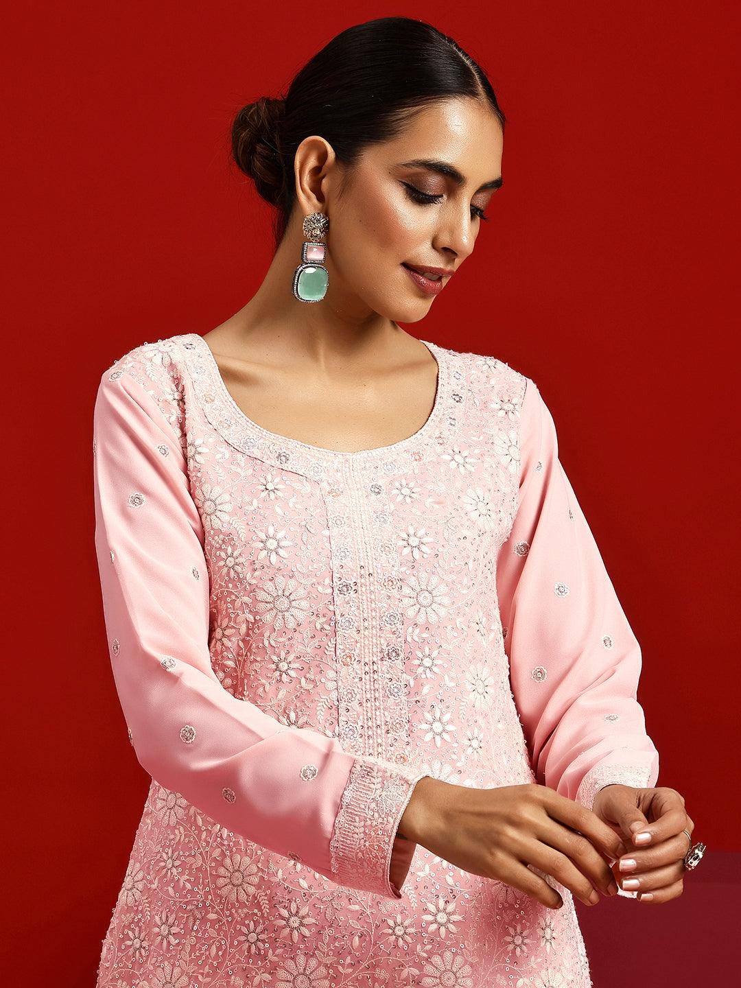 Libas Art Peach Embroidered Georgette Straight Suit With Dupatta - Libas 