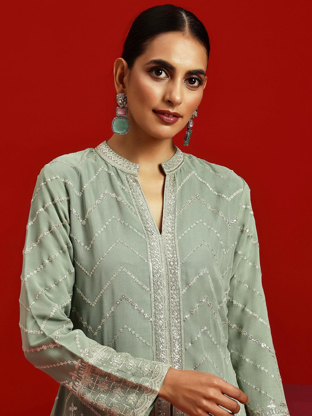 Libas Art Green Embroidered Georgette A-Line Kurta With Sharara & Dupatta - Libas 