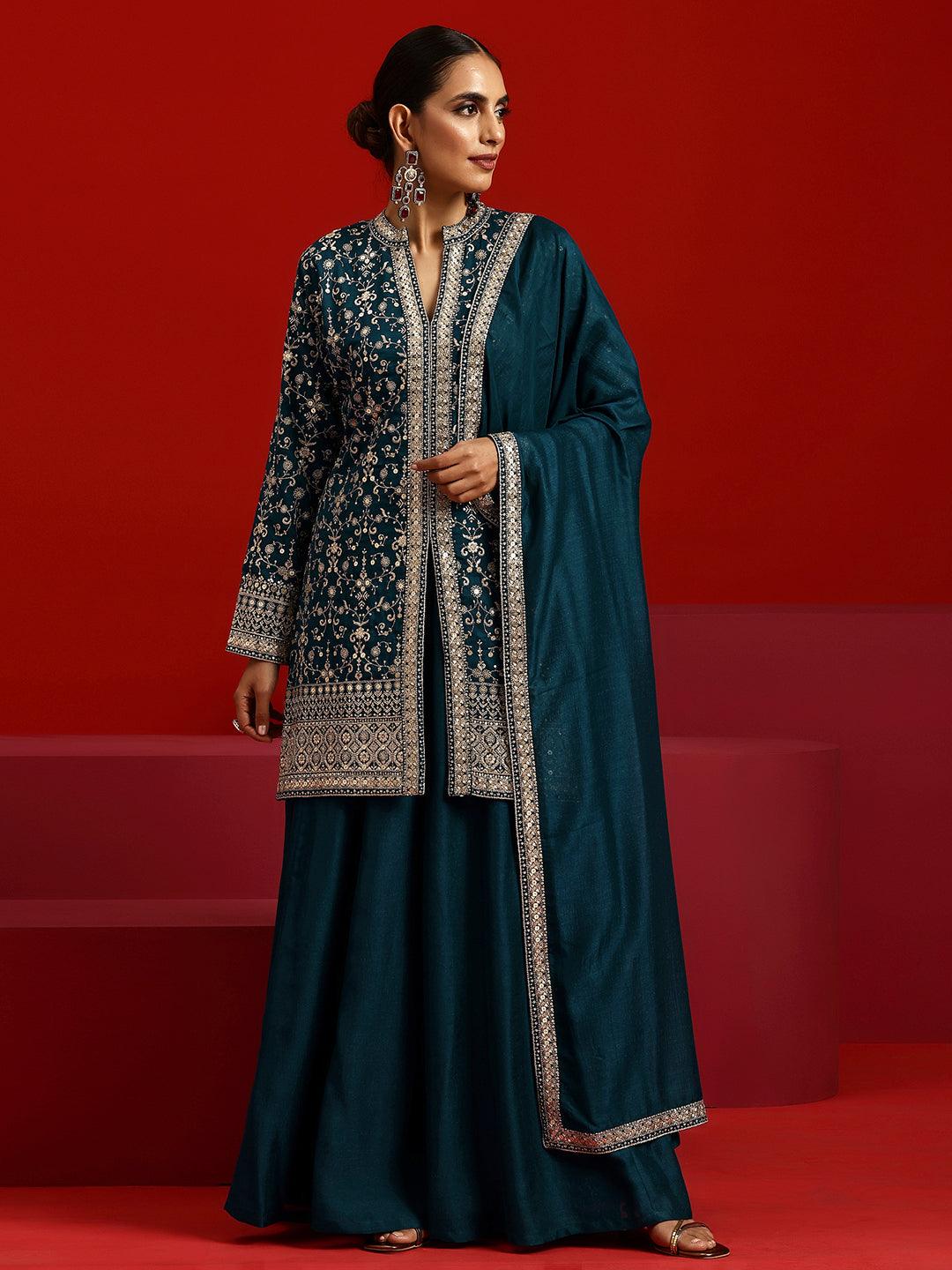 Libas Art Teal Embroidered Silk Blend Straight Suit With Dupatta - Libas 