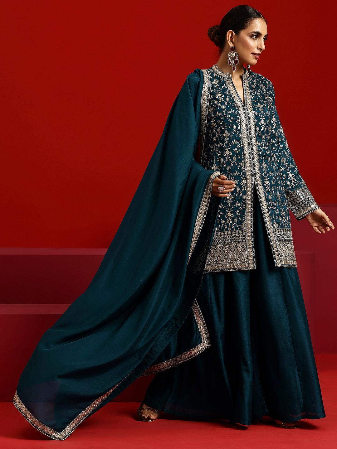 Libas Art Teal Embroidered Silk Blend Straight Suit With Dupatta - Libas 