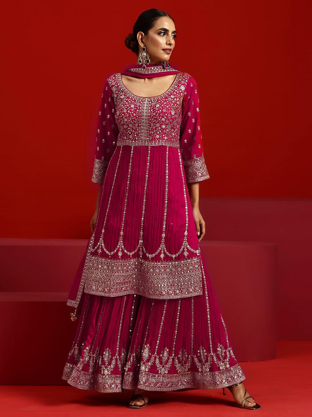 Libas Art Pink Embroidered Silk Blend Straight Suit With Dupatta - Libas