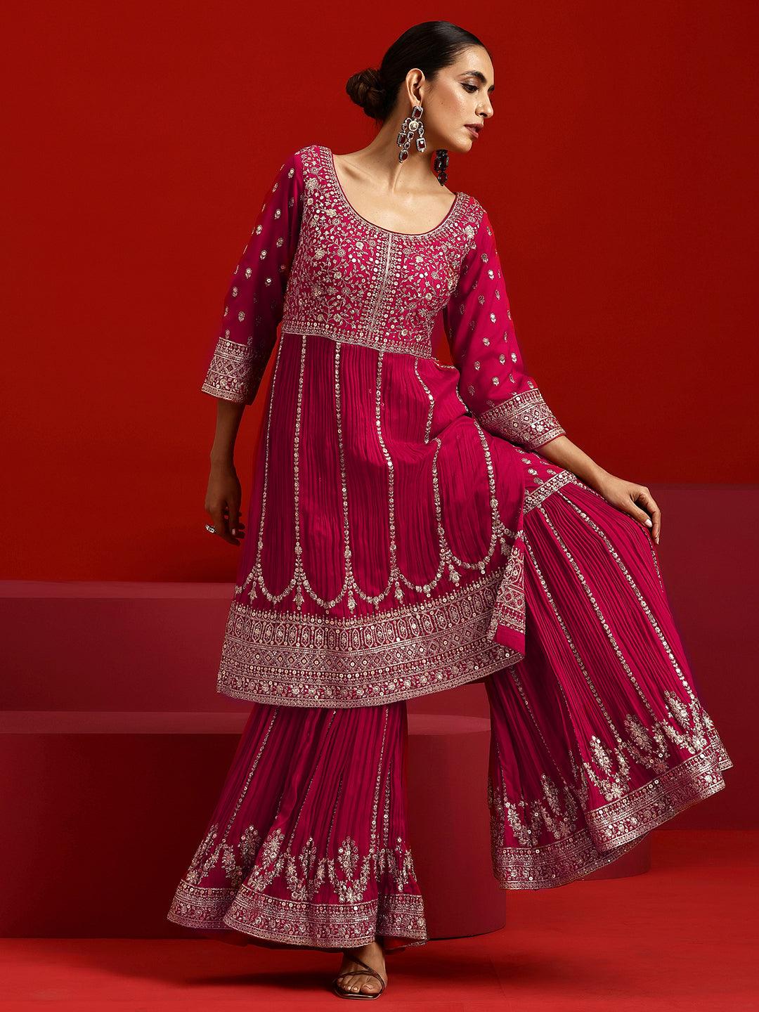 Libas Art Pink Embroidered Silk Blend Straight Suit With Dupatta - Libas