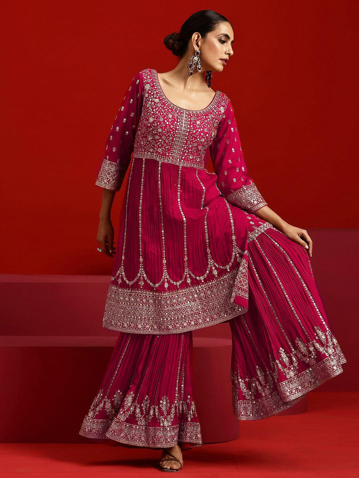 Libas Art Pink Embroidered Silk Blend Straight Suit With Dupatta - Libas