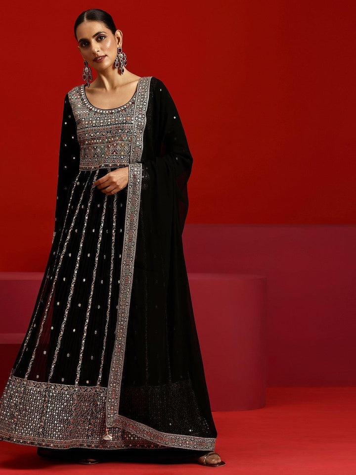 Libas Art Black Embroidered Georgette A-Line Kurta With Palazzos & Dupatta - Libas