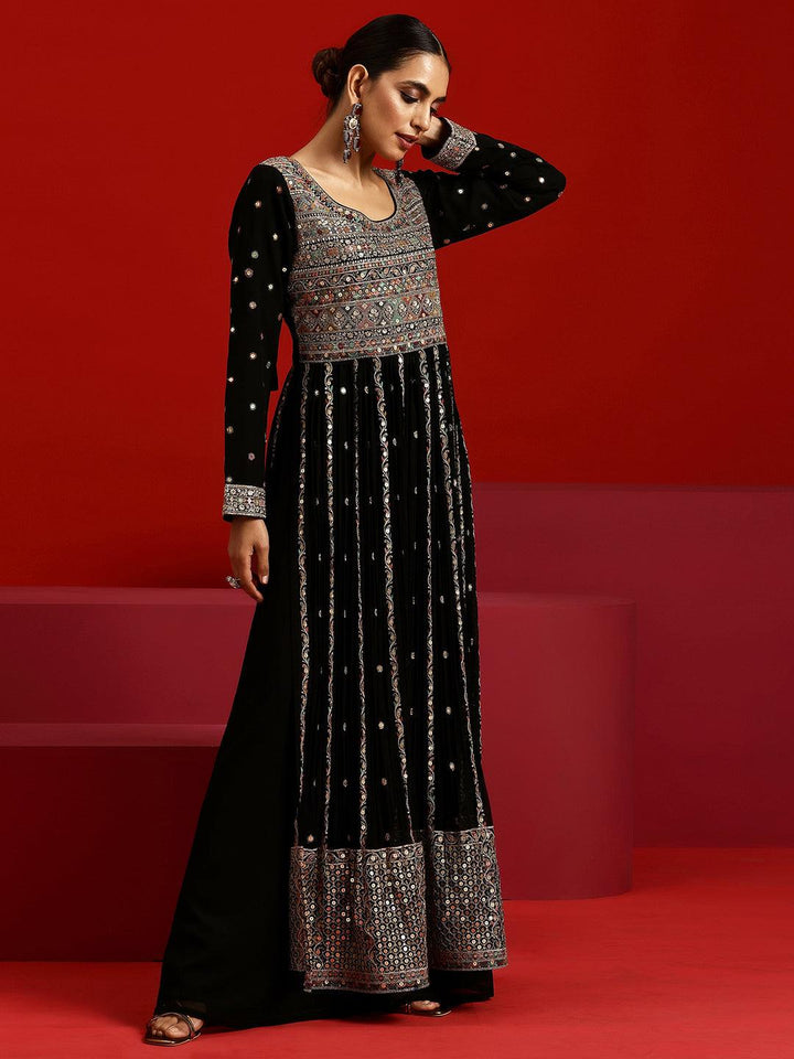 Libas Art Black Embroidered Georgette A-Line Kurta With Palazzos & Dupatta - Libas