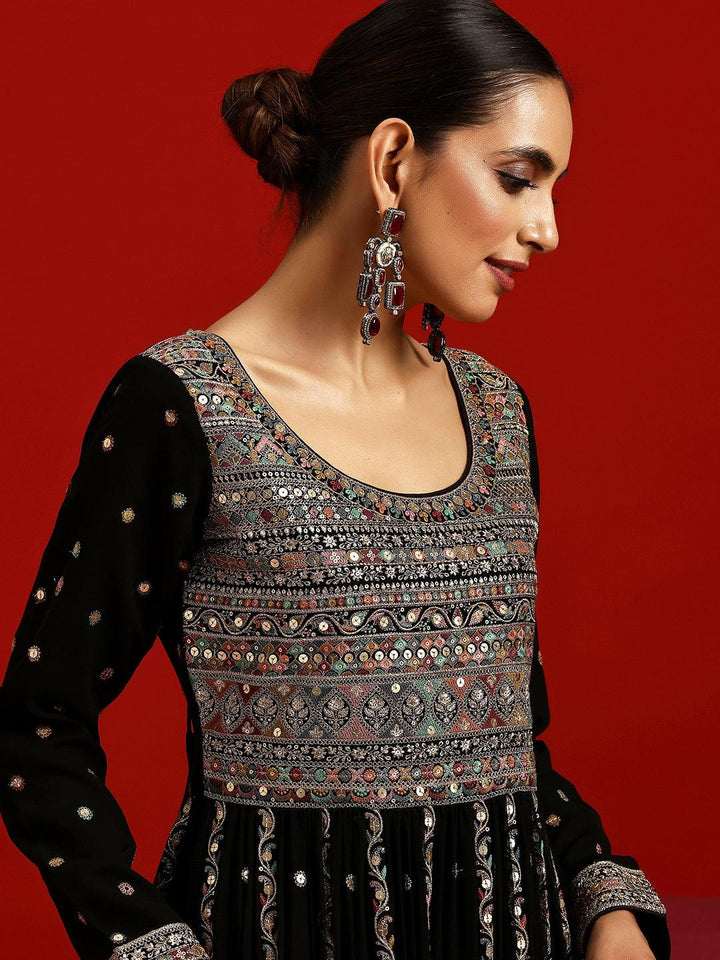 Libas Art Black Embroidered Georgette A-Line Kurta With Palazzos & Dupatta - Libas