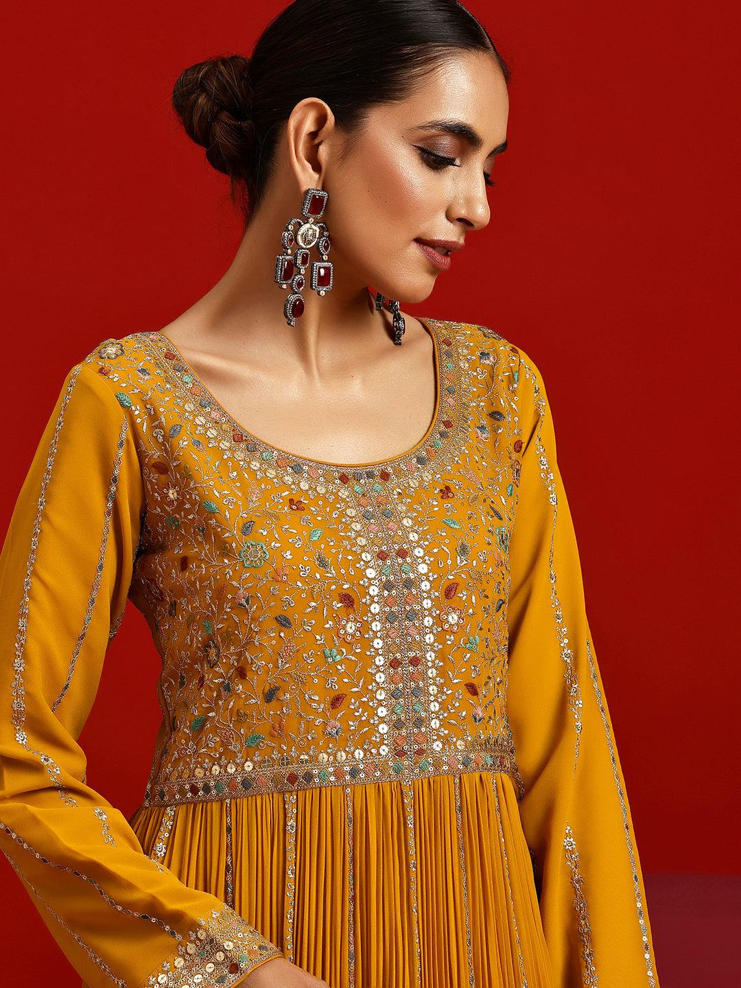 Libas Art Amber Embroidered Georgette A-Line Kurta With Palazzos & Dupatta - Libas 