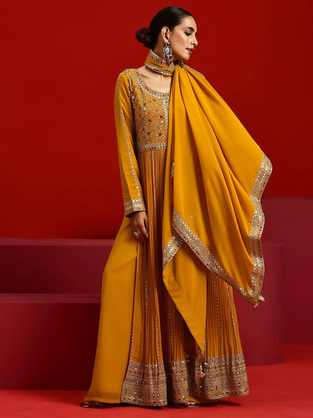 Libas Art Amber Embroidered Georgette A-Line Kurta With Palazzos & Dupatta - Libas 