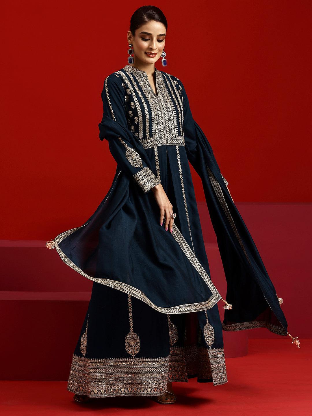 Libas Art Navy Embroidered Georgette A-Line Kurta With Trousers & Dupatta - Libas