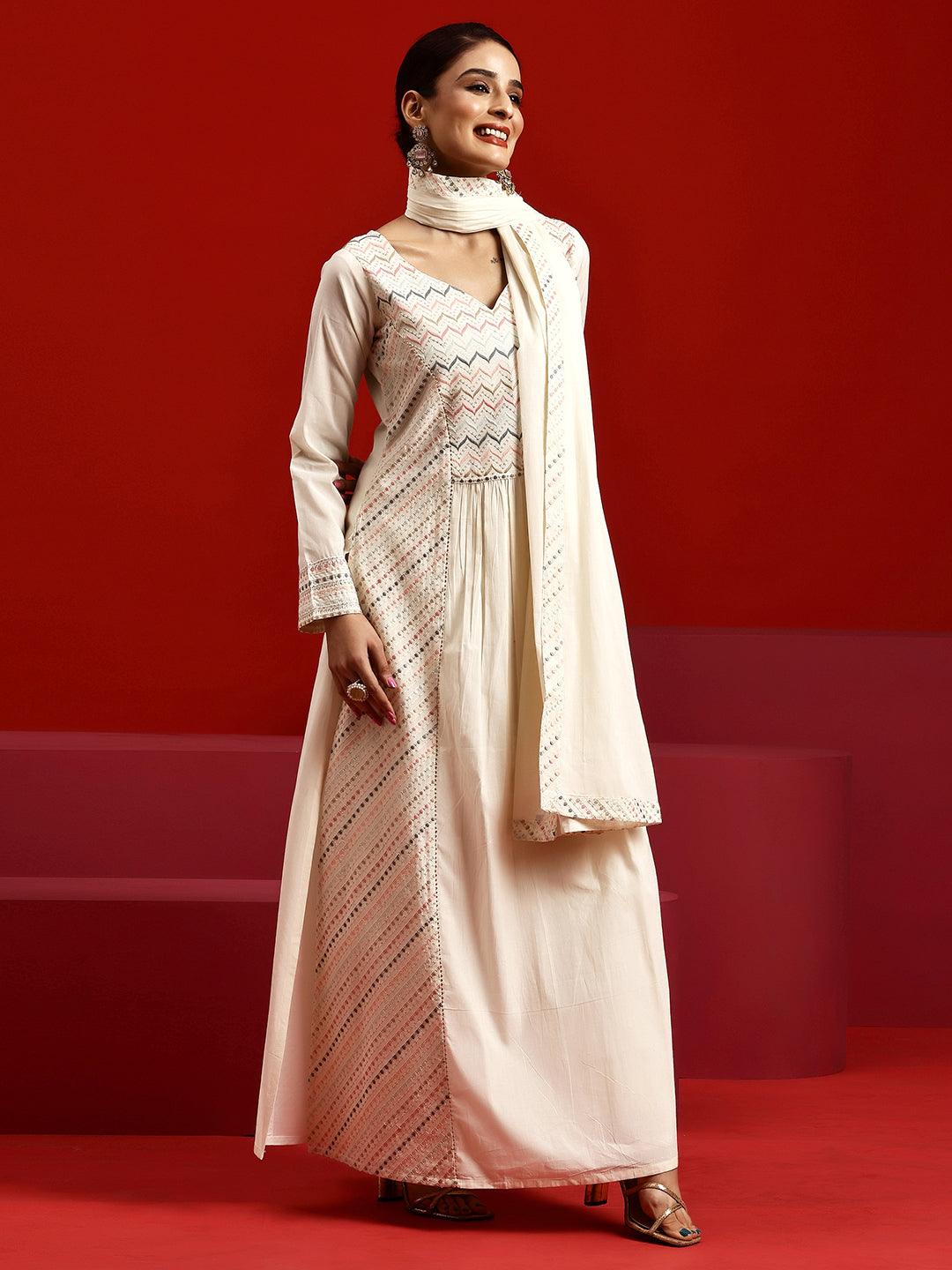 Libas Art Off White Embroidered Cotton A-Line Kurta With Trousers & Dupatta - Libas 