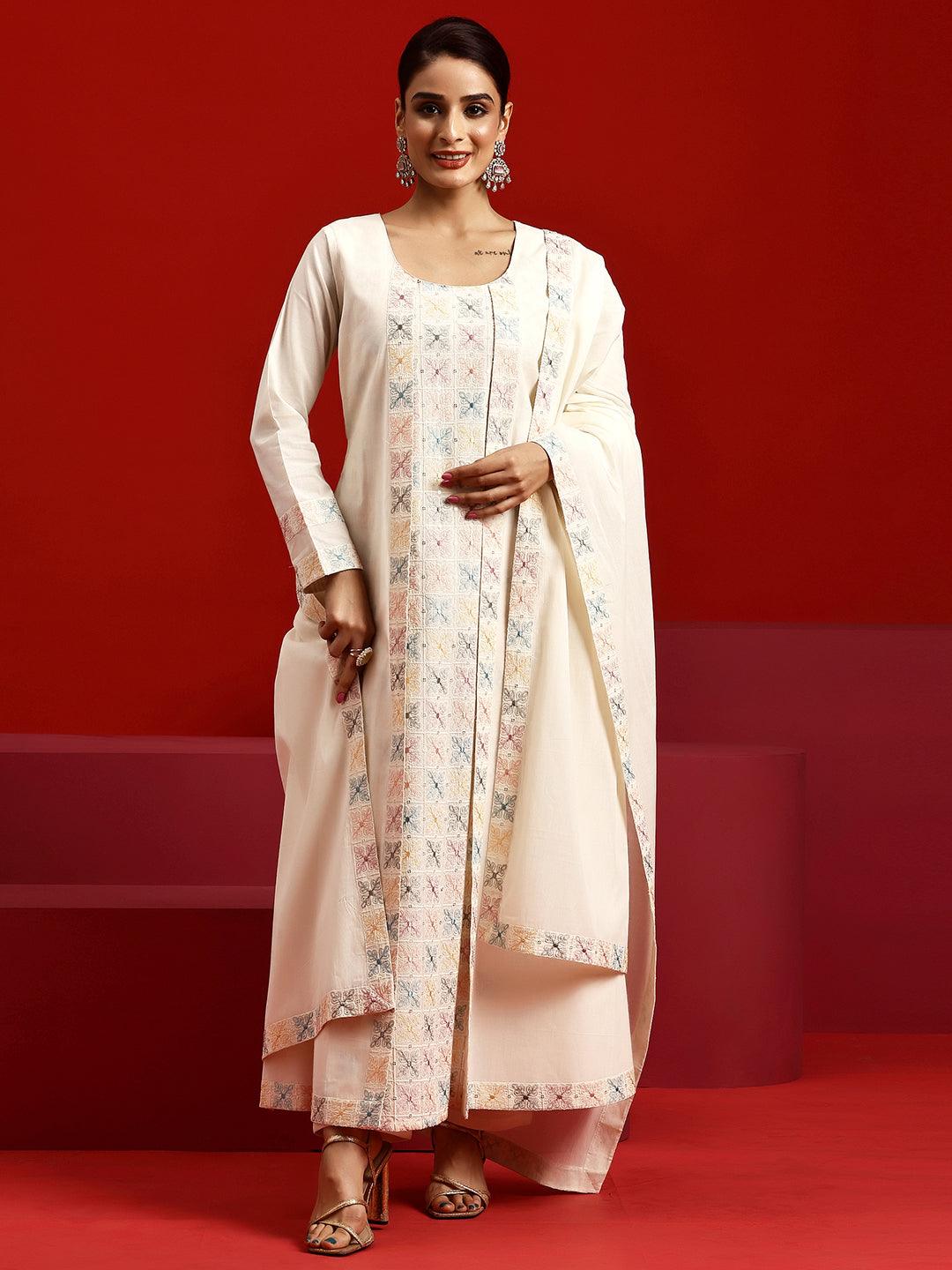 Libas Art Off White Embroidered Cotton A-Line Kurta With Trousers & Dupatta - Libas 