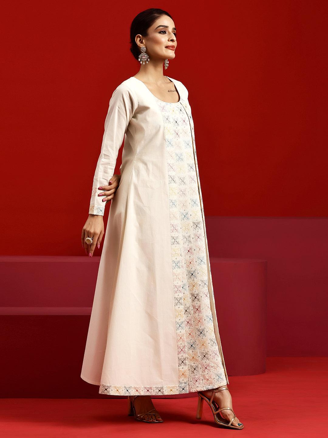 Libas Art Off White Embroidered Cotton A-Line Kurta With Trousers & Dupatta - Libas 