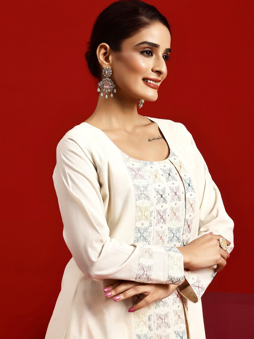 Libas Art Off White Embroidered Cotton A-Line Kurta With Trousers & Dupatta - Libas