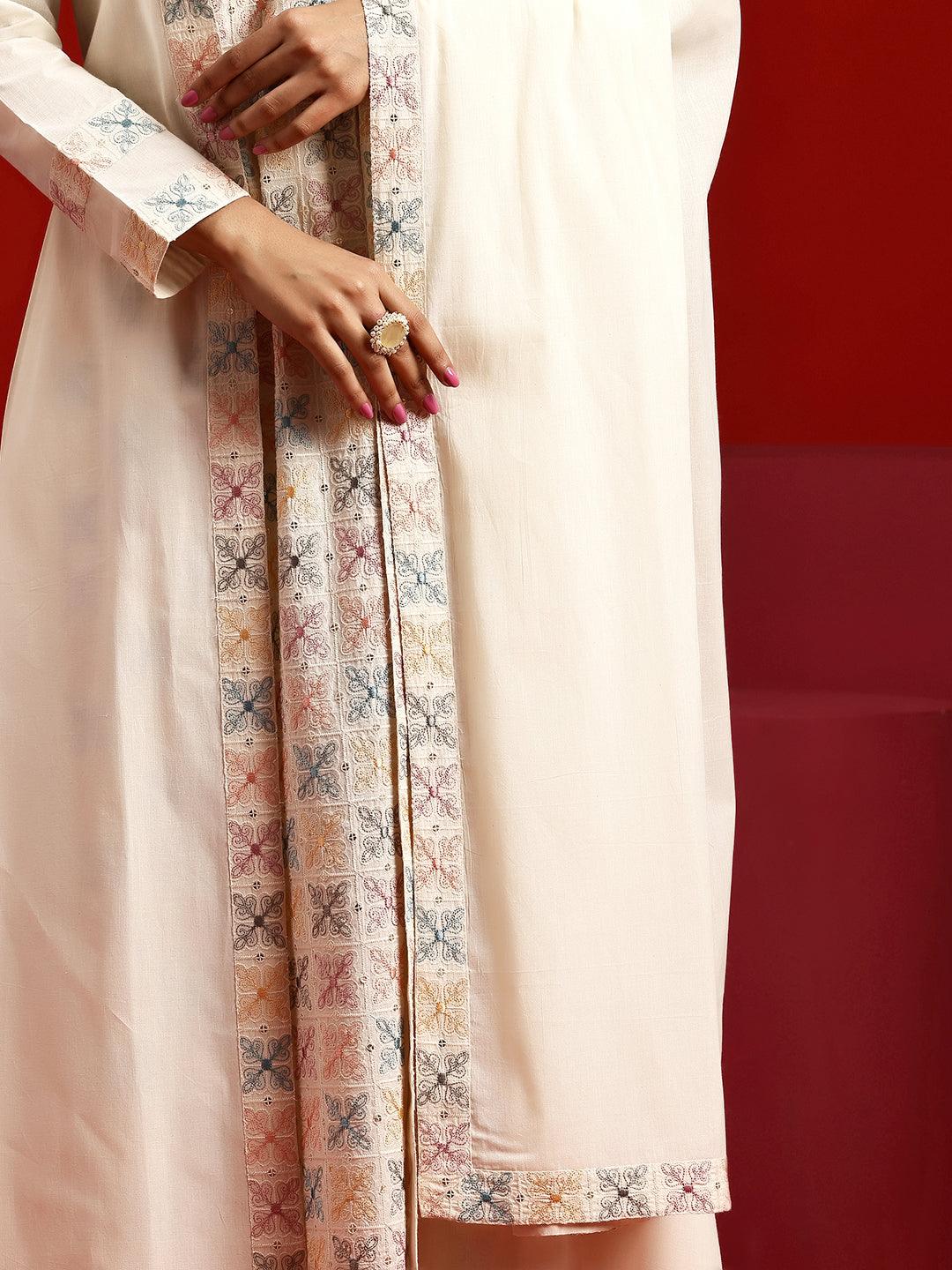 Libas Art Off White Embroidered Cotton A-Line Kurta With Trousers & Dupatta - Libas 