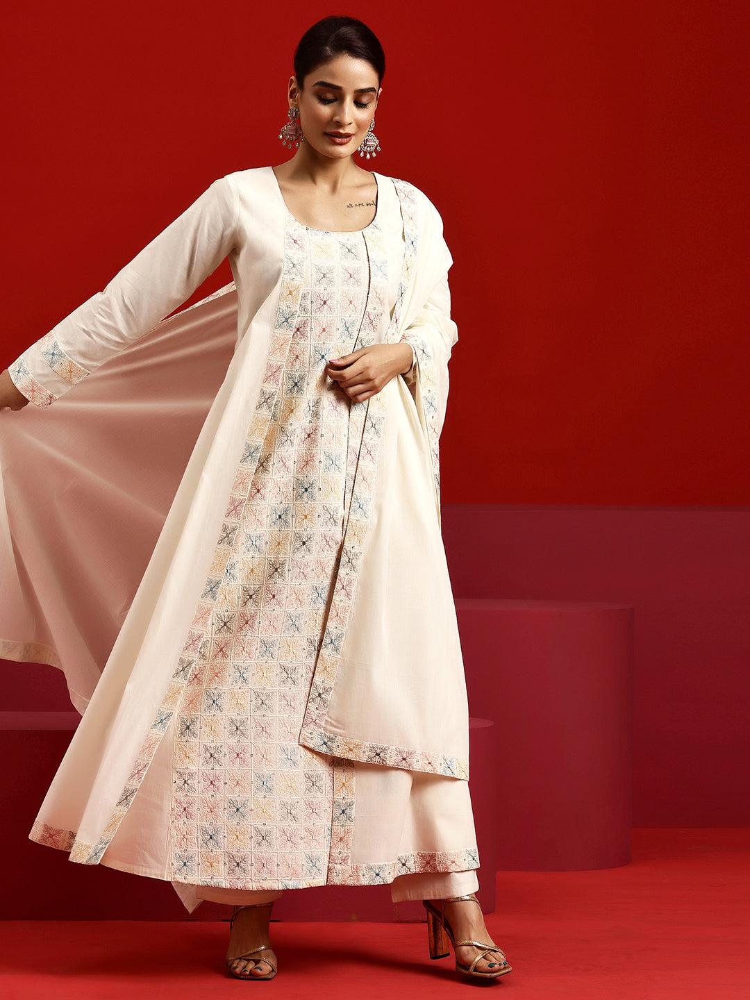 Libas Art Off White Embroidered Cotton A-Line Kurta With Trousers & Dupatta - Libas 