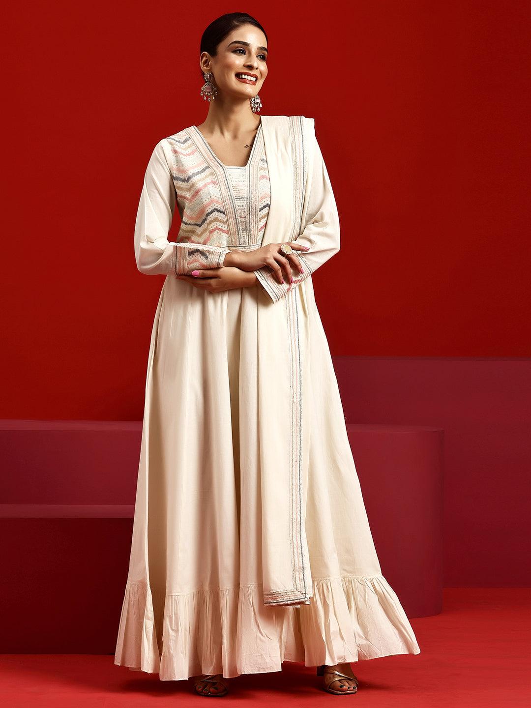 Libas Art Off White Embroidered Cotton A-Line Kurta With Trousers & Dupatta - Libas 