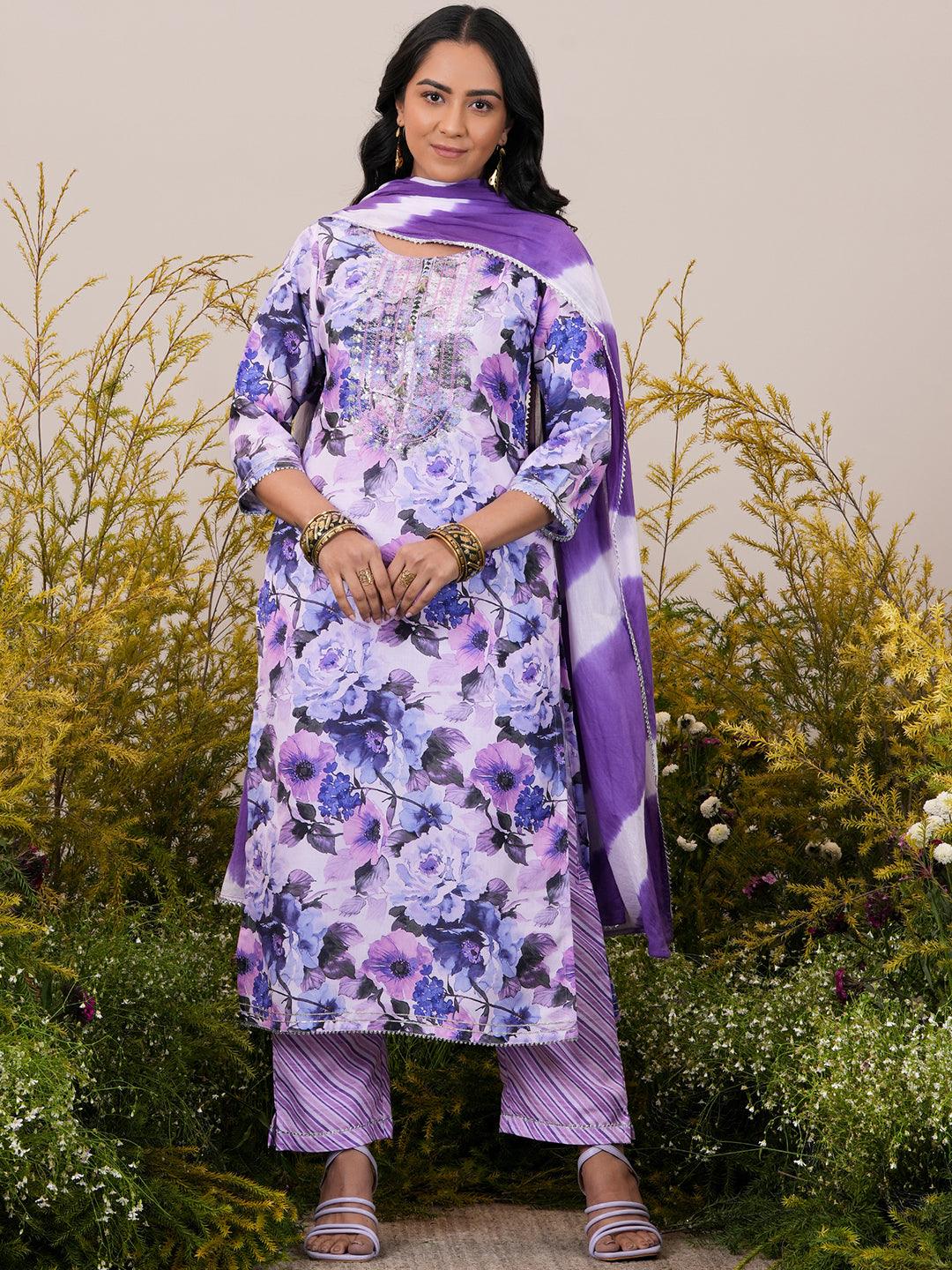 Lavender Printed Cotton Straight Suit With Dupatta - Libas