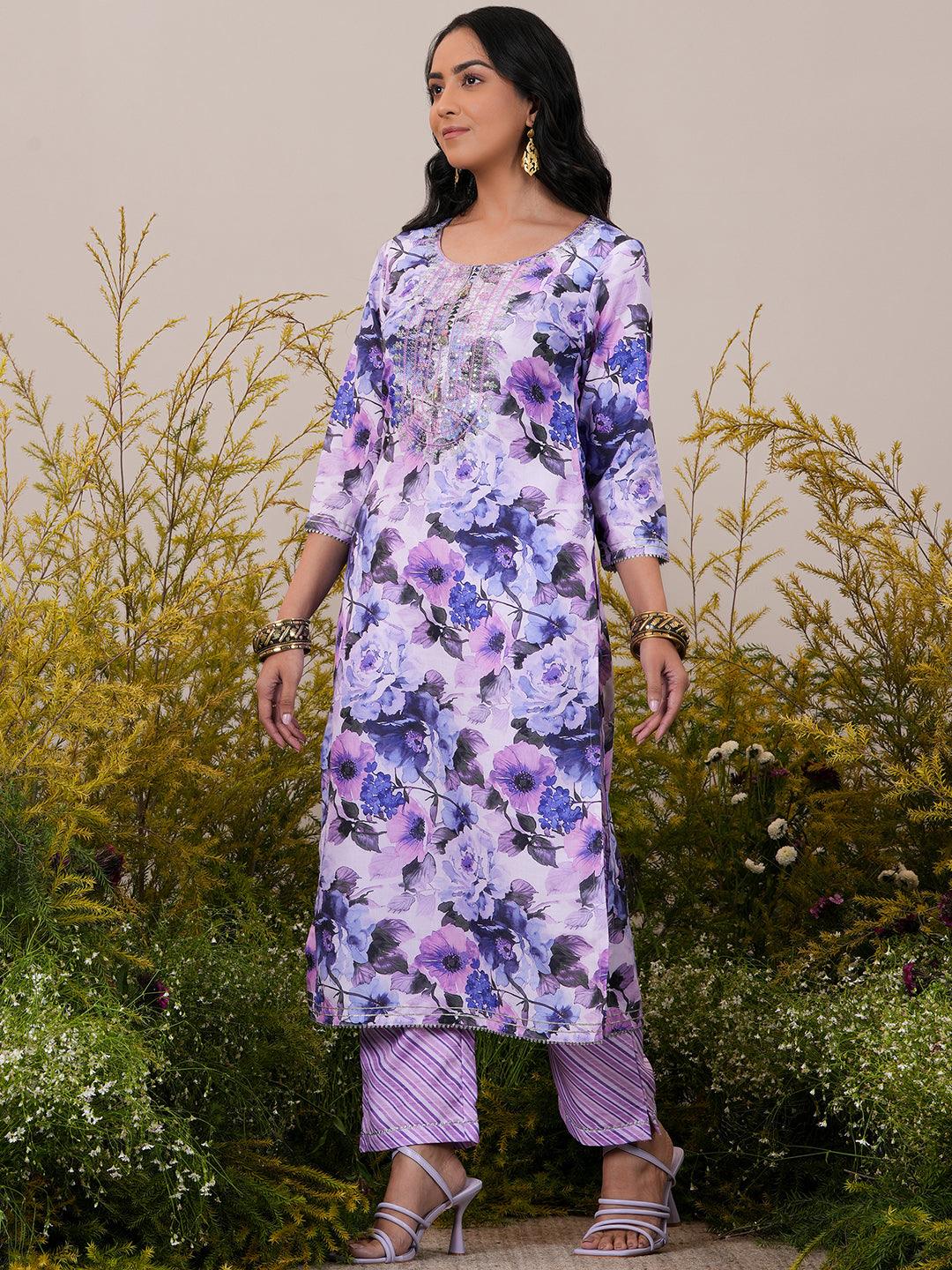 Lavender Printed Cotton Straight Suit With Dupatta - Libas