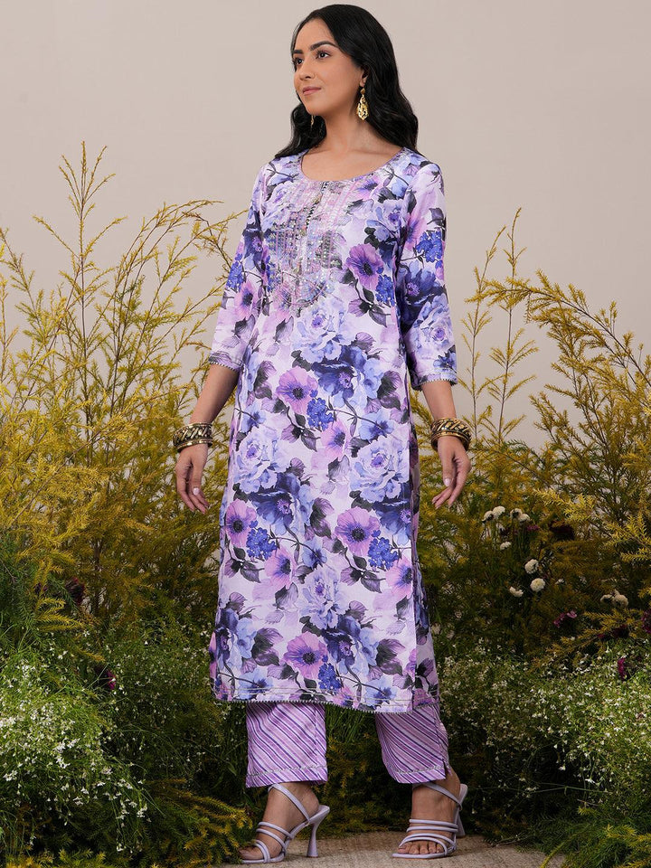 Lavender Printed Cotton Straight Suit With Dupatta - Libas