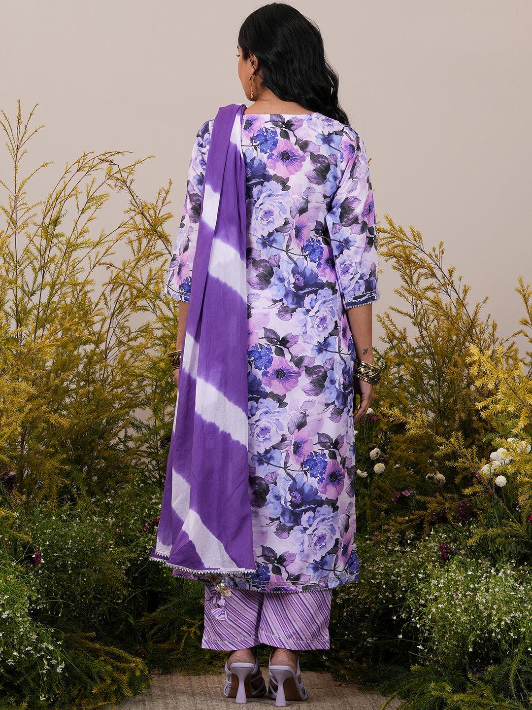 Lavender Printed Cotton Straight Suit With Dupatta - Libas 