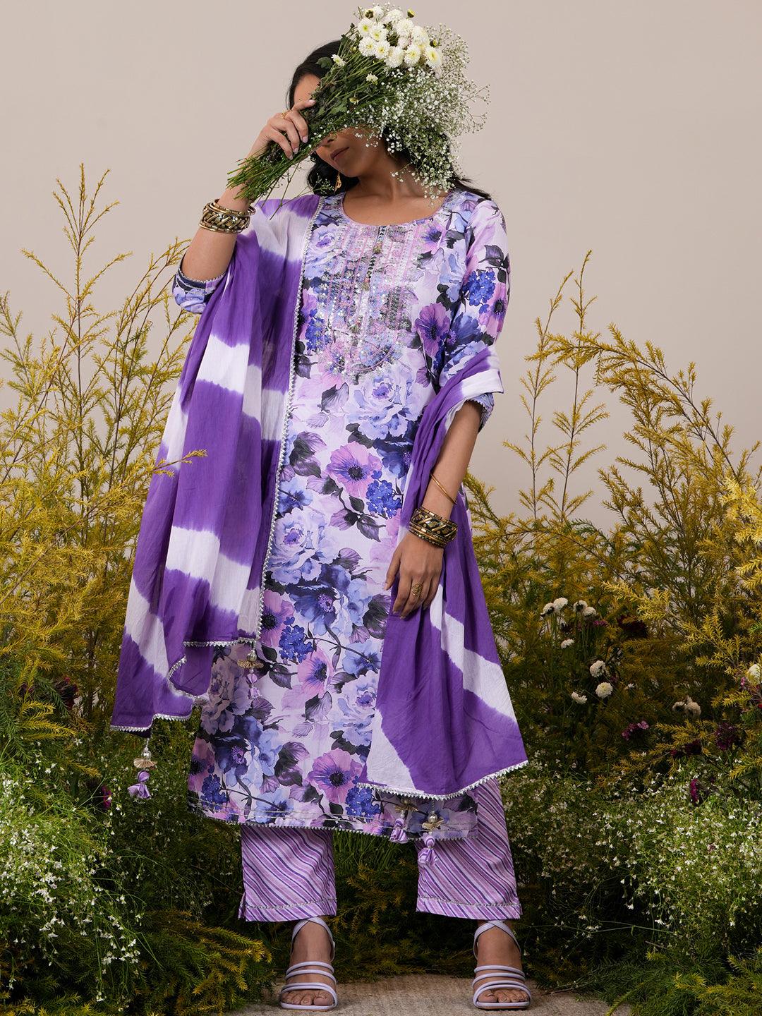 Lavender Printed Cotton Straight Suit With Dupatta - Libas 