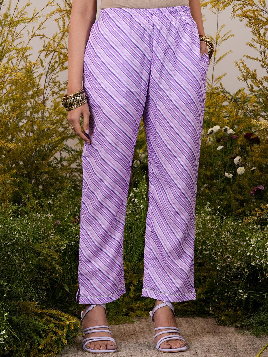 Lavender Printed Cotton Straight Suit With Dupatta - Libas 