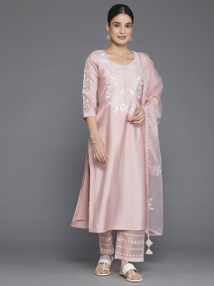 Peach Yoke Design Silk Blend Straight Suit With Dupatta - Libas